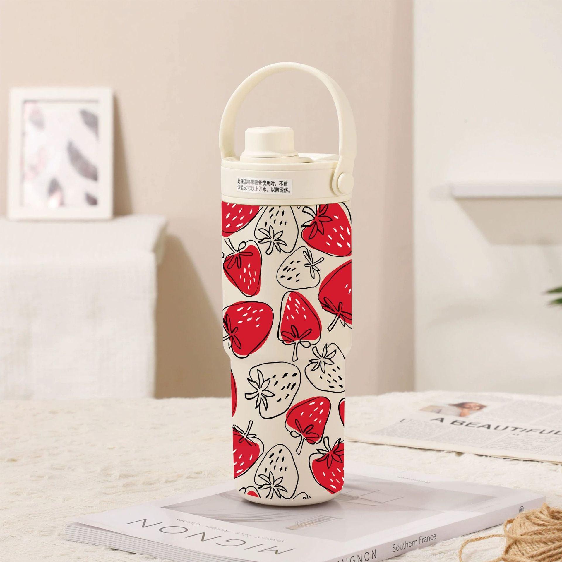 White-Line Red Strawberry 30oz Ceramic-Lined Insulated Tumbler with Handle, 735ml Stainless Steel Travel Mug.