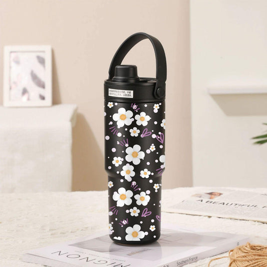 Twilight Black-White Flowers 30oz Ceramic-Lined Insulated Tumbler with Handle, 735ml Stainless Steel Travel Mug.