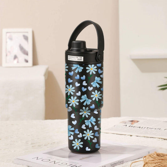 Twilight Black-Bow Tie Blue Flower 30oz Ceramic-Lined Insulated Tumbler with Handle, 735ml Stainless Steel Travel Mug.