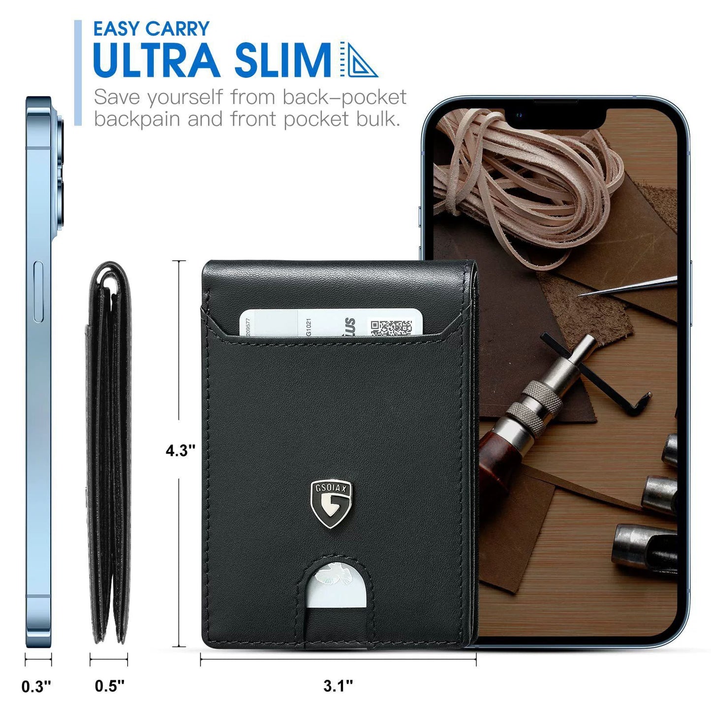 Men's Slim Leather Bifold Wallet - RFID Blocking, 11 Card Slots, ID Window(Carbon Blue)