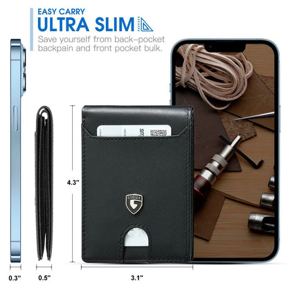 Men's Slim Leather Bifold Wallet - RFID Blocking, 11 Card Slots, ID Window(Carbon Blue)