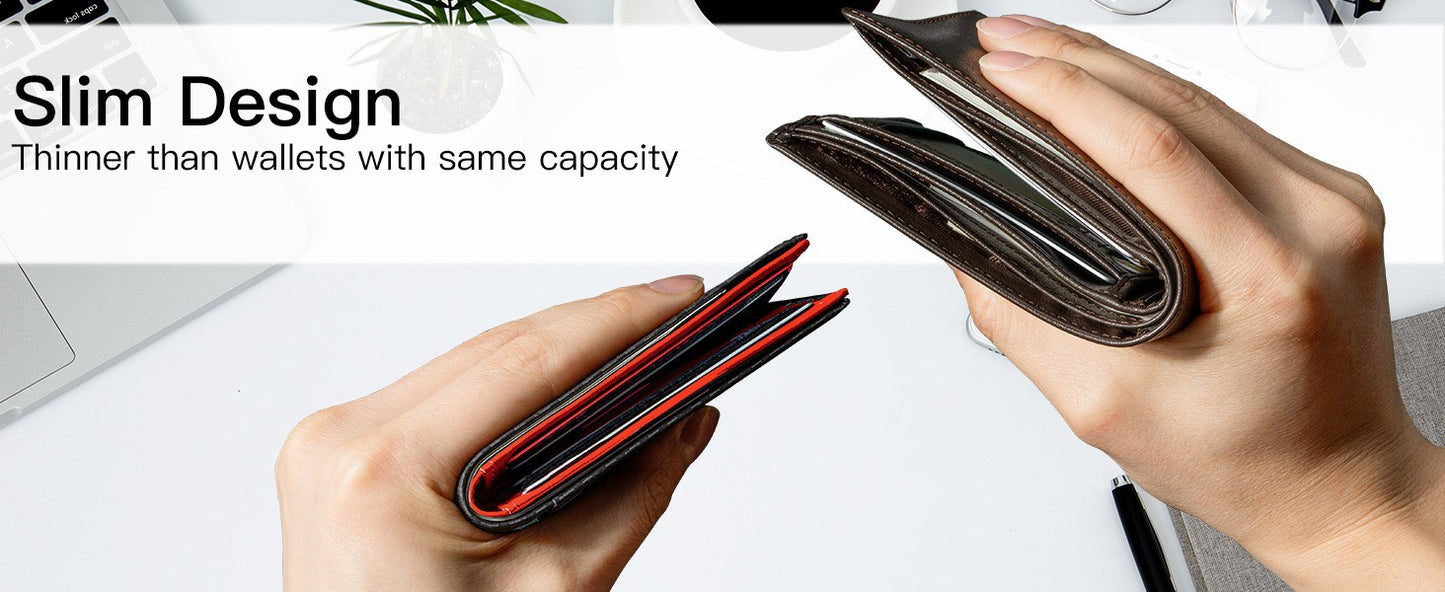 Men's Slim Leather Bifold Wallet - RFID Blocking, 11 Card Slots, ID Window(Carbon Blue)