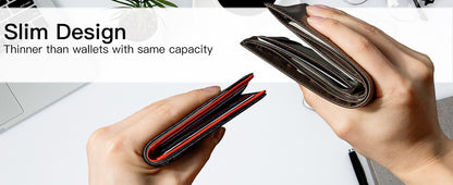 Men's Slim Leather Bifold Wallet - RFID Blocking, 11 Card Slots, ID Window(Carbon Blue)