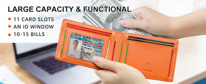 Men's Slim Leather Bifold Wallet - RFID Blocking, 11 Card Slots, ID Window(Carbon Blue)