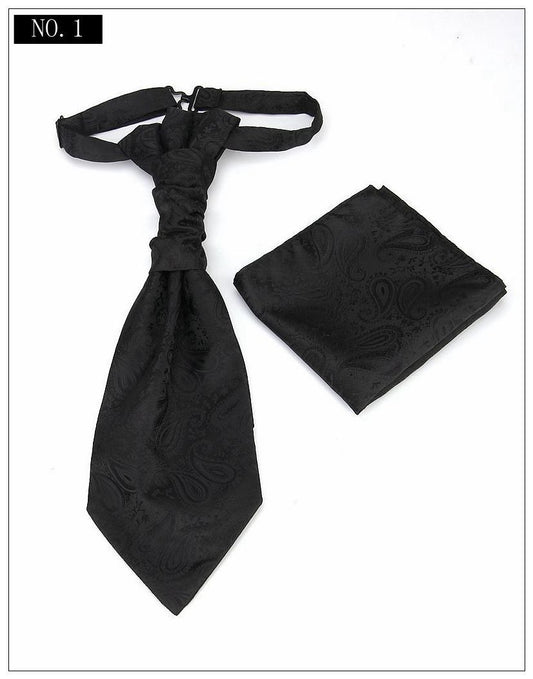 Men's Formal Paisley Ascot Cravat & Pocket Square Set - Adjustable Necktie for Weddings(Black)