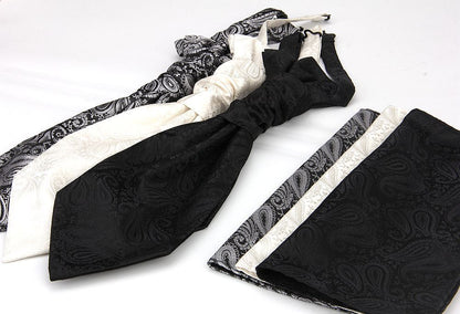 Men's Formal Paisley Ascot Cravat & Pocket Square Set - Adjustable Necktie for Weddings(Light Gray )