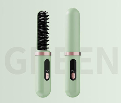 Cordless Hair Straightener Brush - 4000mAh USB-C Rechargeable, 4 Temps, Anti-Scald 3D Comb Design(Green)