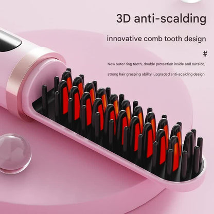 Cordless Hair Straightener Brush - 4000mAh USB-C Rechargeable, 4 Temps, Anti-Scald 3D Comb Design(Green)