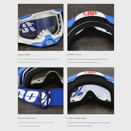 Pro Motocross Goggles - Windproof, UV400 Protection with TPU Frame & PC Lens, Adjustable Strap(White frame,transparent lens)