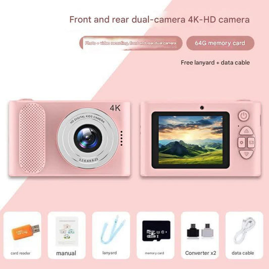 Ultra HD 4K Dual Lens Digital Camera - 44MP, 4X Zoom, 2.4" Screen, Complete with 64GB Card (pink).