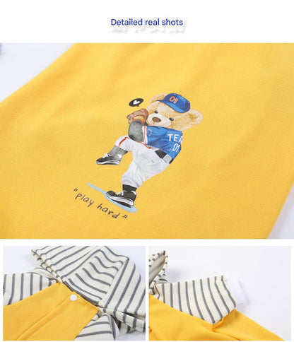 Autumn/Winter Dog Clothes - Grey Hoodie with Striped Hood & Baseball Bear (Size - S)