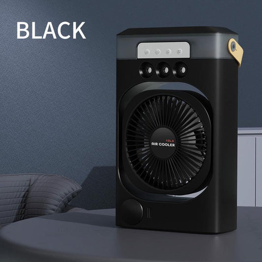Black 3-in-1 Portable Air Cooler Fan - Desktop Humidifier & LED Light, Nano Mist.