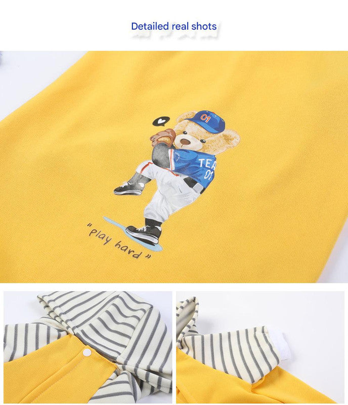 Autumn/Winter Dog Clothes - Grey Hoodie with Striped Hood & Baseball Bear (Size - 2XL)