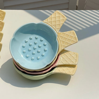 2 Pcs Pink and Yellow Adorable Ice Cream Cone Ceramic Slow Feeder Pet Bowl - Fun Anti-Gulp Design for Cats & Dogs