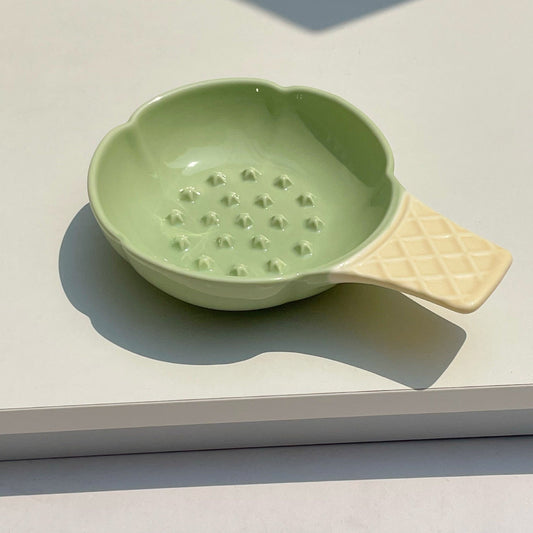 2 Pcs Green and Yellow Adorable Ice Cream Cone Ceramic Slow Feeder Pet Bowl - Fun Anti-Gulp Design for Cats & Dogs