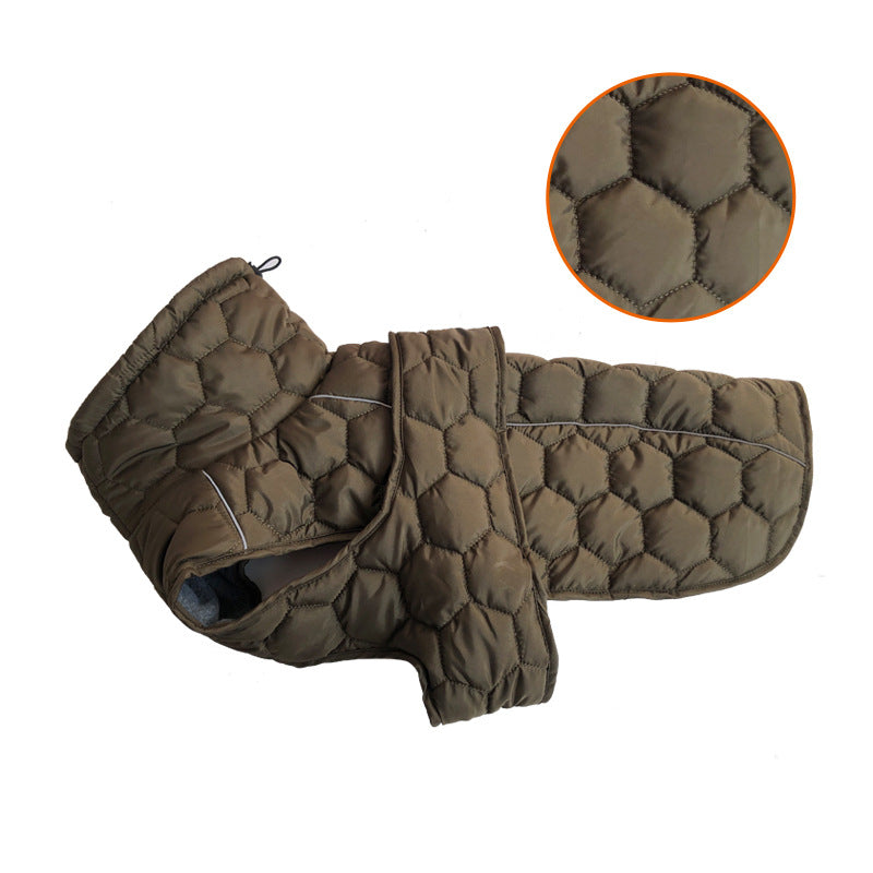Size L Olive Green Warm Quilted Dog Winter Coat - Adjustable Fleece-Lined Puffer Vest with Reflective Trim & Leash Port