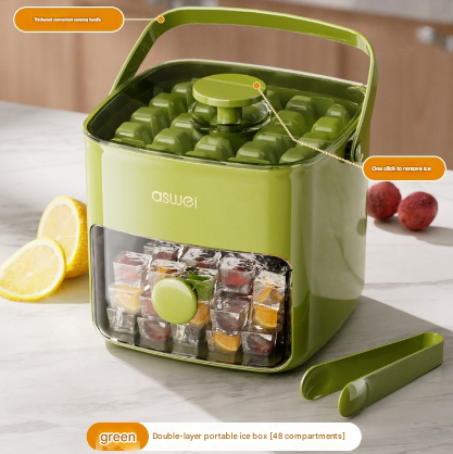 Green Innovative Press-Release Ice Cube Maker - Dual Layer Trays & Storage Bin (48 Cubes).
