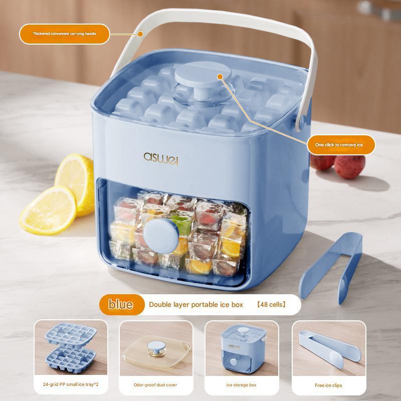 Blue Innovative Press-Release Ice Cube Maker - Dual Layer Trays & Storage Bin (48 Cubes).