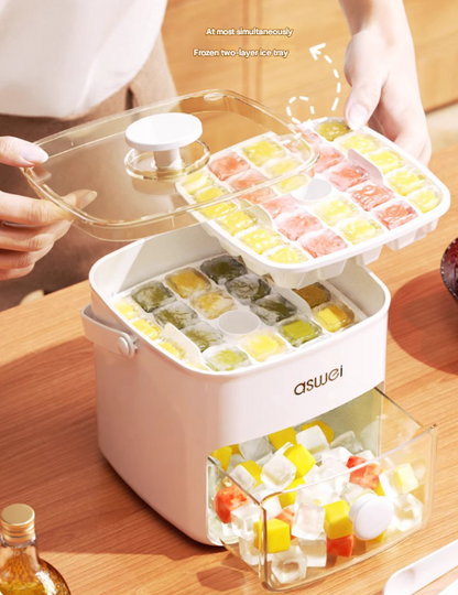 Blue Innovative Press-Release Ice Cube Maker - Dual Layer Trays & Storage Bin (48 Cubes).