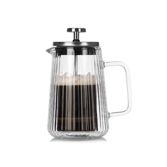 Transparent Elegant Ribbed Double Wall Glass French Press - 350ml Heat Resistant Coffee and Tea Maker with Stainless Steel Filter.