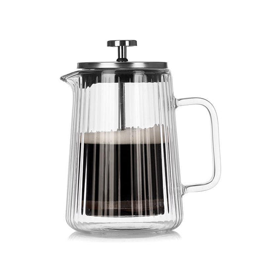 Transparent Elegant Ribbed Double Wall Glass French Press - 650ml Heat Resistant Coffee and Tea Maker with Stainless Steel Filter.