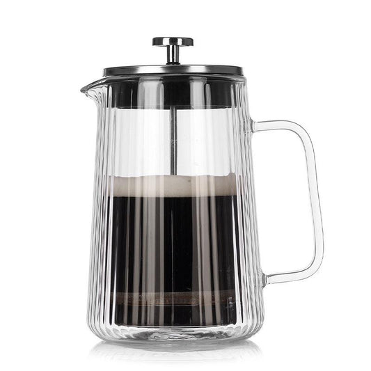 Transparent Elegant Ribbed Double Wall Glass French Press - 1000ml Heat Resistant Coffee and Tea Maker with Stainless Steel Filter.