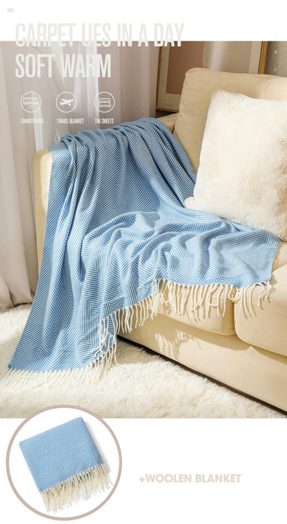 Black Elegant Herringbone Tassel Throw Blanket - Large Acrylic Faux Cashmere Soft Cozy Blanket for Sofa, Bed & Decor (130x240cm)