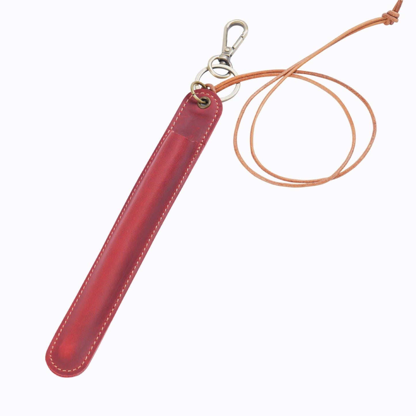 Red Vintage Top-Grain Leather Pen Sleeve Holder with Neck Strap - Protective Single Pen Case.