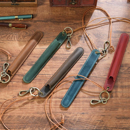 Red Vintage Top-Grain Leather Pen Sleeve Holder with Neck Strap - Protective Single Pen Case.