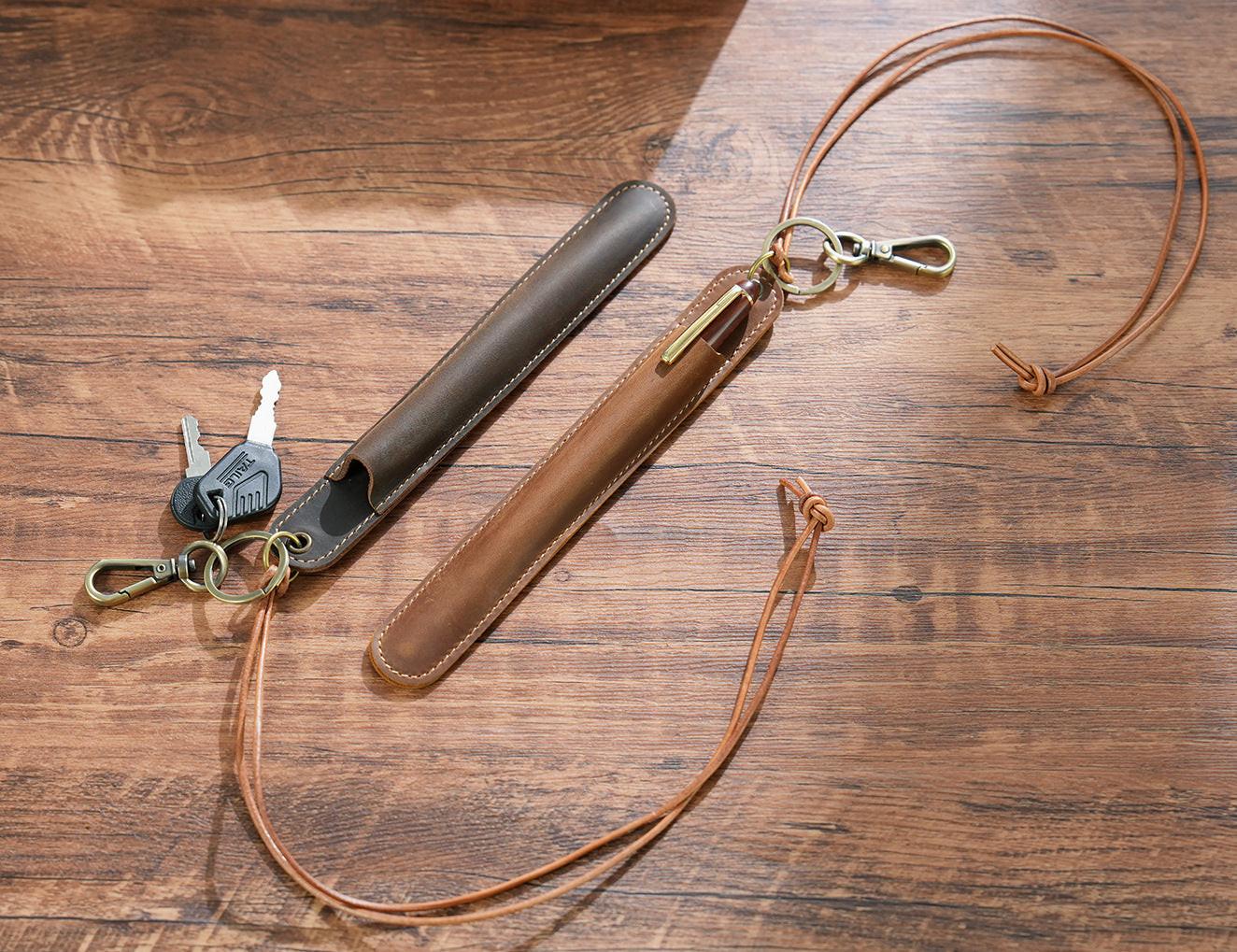 Red Vintage Top-Grain Leather Pen Sleeve Holder with Neck Strap - Protective Single Pen Case.