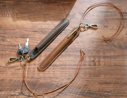 Red Vintage Top-Grain Leather Pen Sleeve Holder with Neck Strap - Protective Single Pen Case.