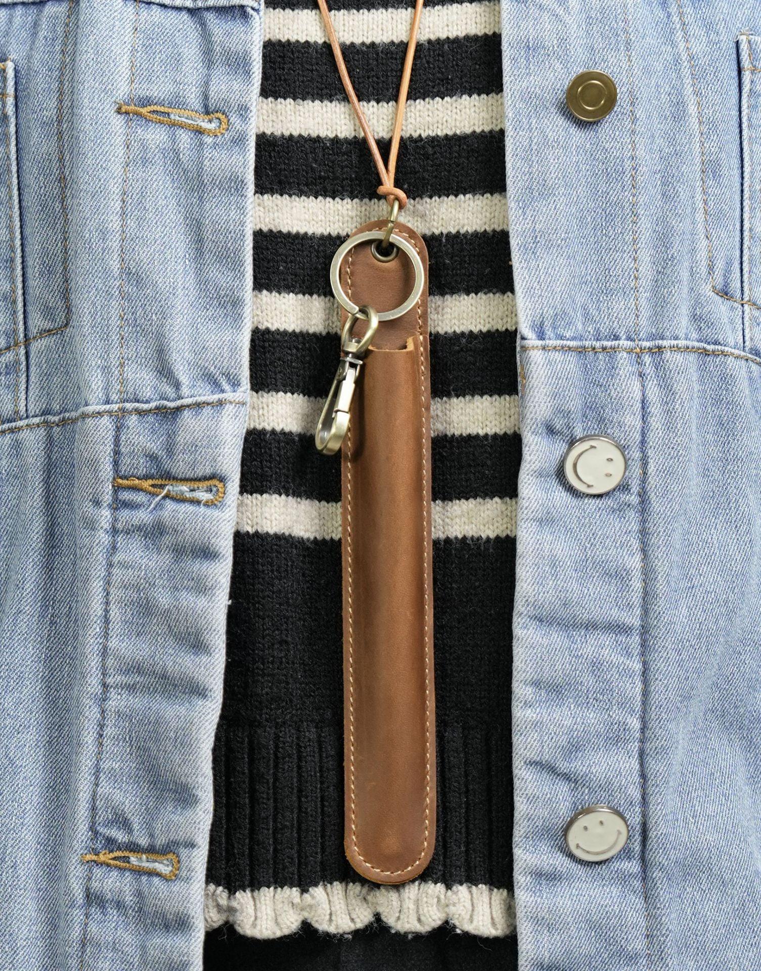 Red Vintage Top-Grain Leather Pen Sleeve Holder with Neck Strap - Protective Single Pen Case.