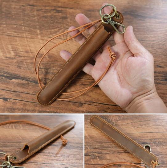 Red Vintage Top-Grain Leather Pen Sleeve Holder with Neck Strap - Protective Single Pen Case.