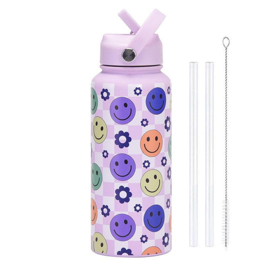 Style 27A Purple Smiley Face Pattern Vibrant Fun Print 1L Stainless Steel Insulated Water Bottle - 32oz Large Capacity with Straw Lid & Carry Handle - BPA-Free.