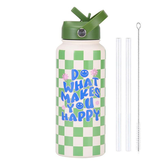 Style 23J Green and White Plaid Vibrant Fun Print 1L Stainless Steel Insulated Water Bottle - 32oz Large Capacity with Straw Lid & Carry Handle - BPA-Free.