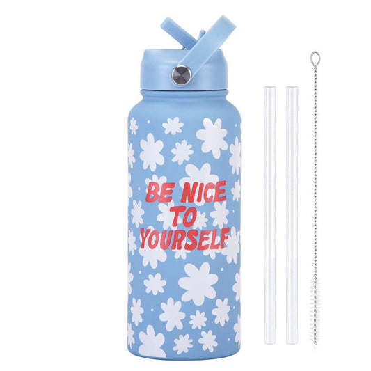 Style 19A Blue and White Plaid Vibrant Fun Print 1L Stainless Steel Insulated Water Bottle - 32oz Large Capacity with Straw Lid & Carry Handle - BPA-Free.