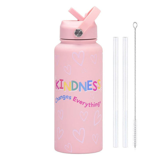 Style 11A Pink Vibrant Fun Print 1L Stainless Steel Insulated Water Bottle - 32oz Large Capacity with Straw Lid & Carry Handle - BPA-Free.