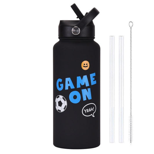 Style 9B Black Vibrant Fun Print 1L Stainless Steel Insulated Water Bottle - 32oz Large Capacity with Straw Lid & Carry Handle - BPA-Free.