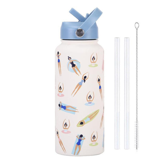 Style 23C White and Blue Vibrant Fun Print 1L Stainless Steel Insulated Water Bottle - 32oz Large Capacity with Straw Lid & Carry Handle - BPA-Free.