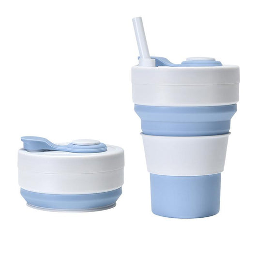 2 Pcs White and Blue 350ml Collapsible Silicone Travel Cup - Portable, Leak-Proof & Food-Grade Drinking Mug with Lid, Insulating Sleeve & Straw.
