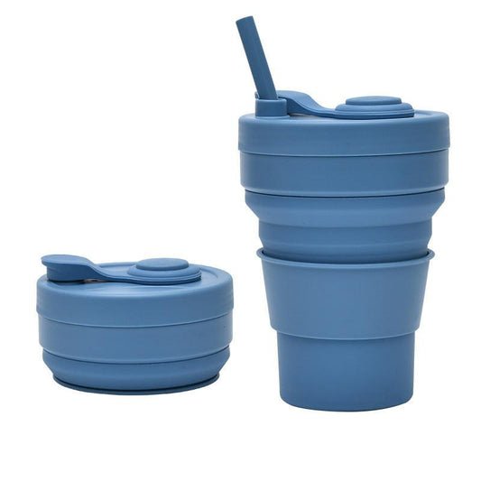 2 Pcs Dark Blue 350ml Collapsible Silicone Travel Cup - Portable, Leak-Proof & Food-Grade Drinking Mug with Lid, Insulating Sleeve & Straw.