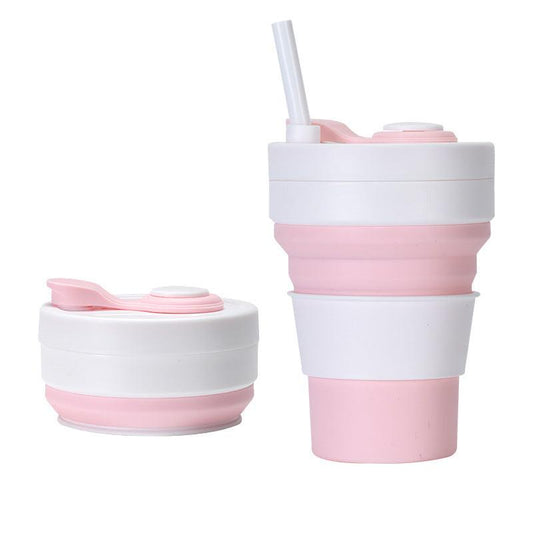 2 Pcs White and Pink 350ml Collapsible Silicone Travel Cup - Portable, Leak-Proof & Food-Grade Drinking Mug with Lid, Insulating Sleeve & Straw.