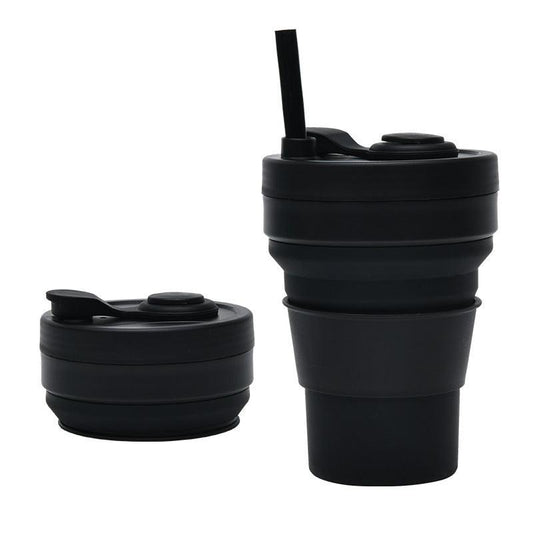 2 Pcs Black 350ml Collapsible Silicone Travel Cup - Portable, Leak-Proof & Food-Grade Drinking Mug with Lid, Insulating Sleeve & Straw.