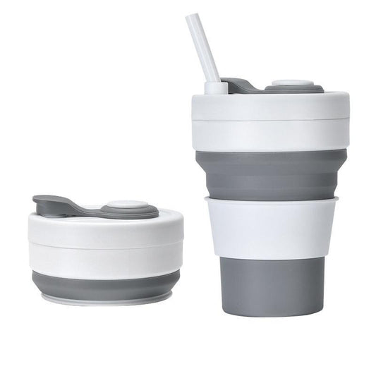 2 Pcs White and Grey 350ml Collapsible Silicone Travel Cup - Portable, Leak-Proof & Food-Grade Drinking Mug with Lid, Insulating Sleeve & Straw.