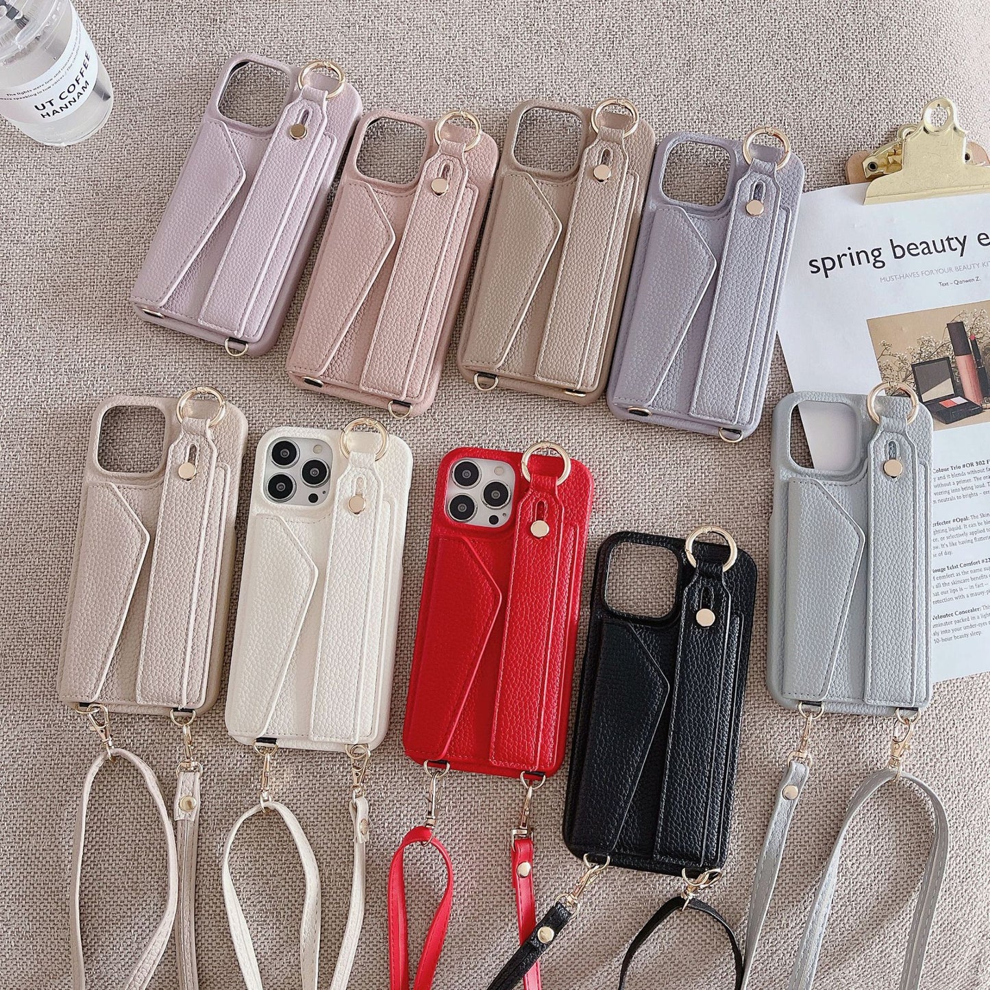 Red Chic PU Leather Crossbody Wallet Case for iPhone 16 - Card Holder with Detachable Strap & Finger Ring Grip