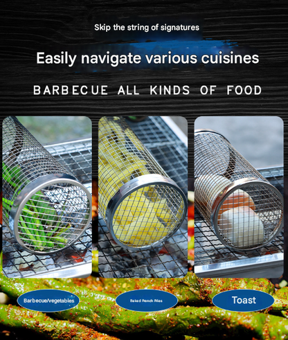 2 Pcs Size S Silver Rolling Stainless Steel BBQ Grill Basket - Cylindrical Grilling Cage for Veggies, Meats & More (304 Food-Grade)