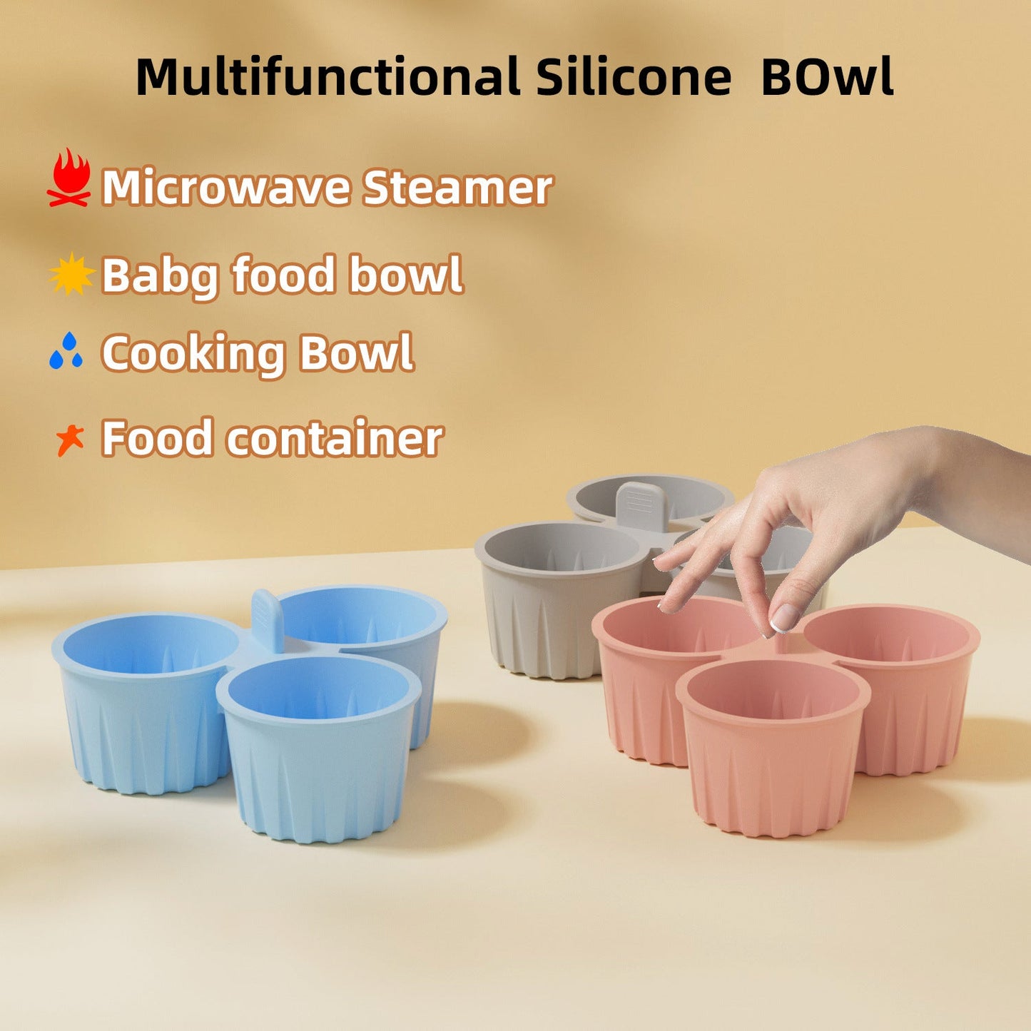 2 Pcs Grey 3-Compartment Silicone Bowl - BPA-Free, Microwave & Air Fryer Safe for Eggs, Baking & Food Storage