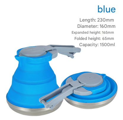 Blue 1.5L Collapsible Silicone Camping Kettle - Portable Foldable Travel Water Boiler, Stainless Steel Base.