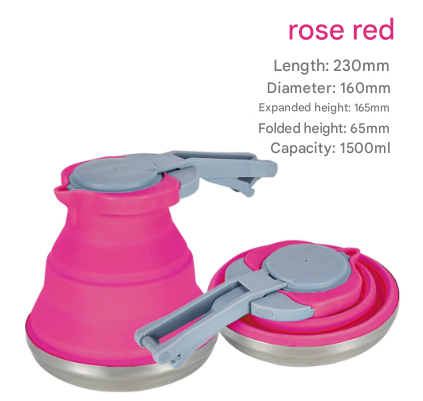 Rose Red 1.5L Collapsible Silicone Camping Kettle - Portable Foldable Travel Water Boiler, Stainless Steel Base.