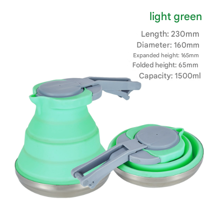 Light Green 1.5L Collapsible Silicone Camping Kettle - Portable Foldable Travel Water Boiler, Stainless Steel Base.